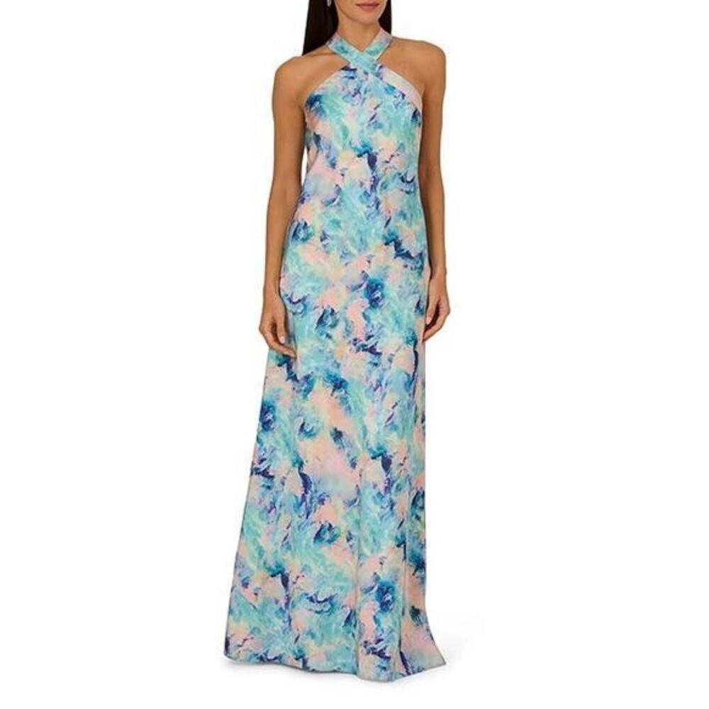 Adrianna by Adrianna Papell Printed Satin Halter Neck Column Dress size 4